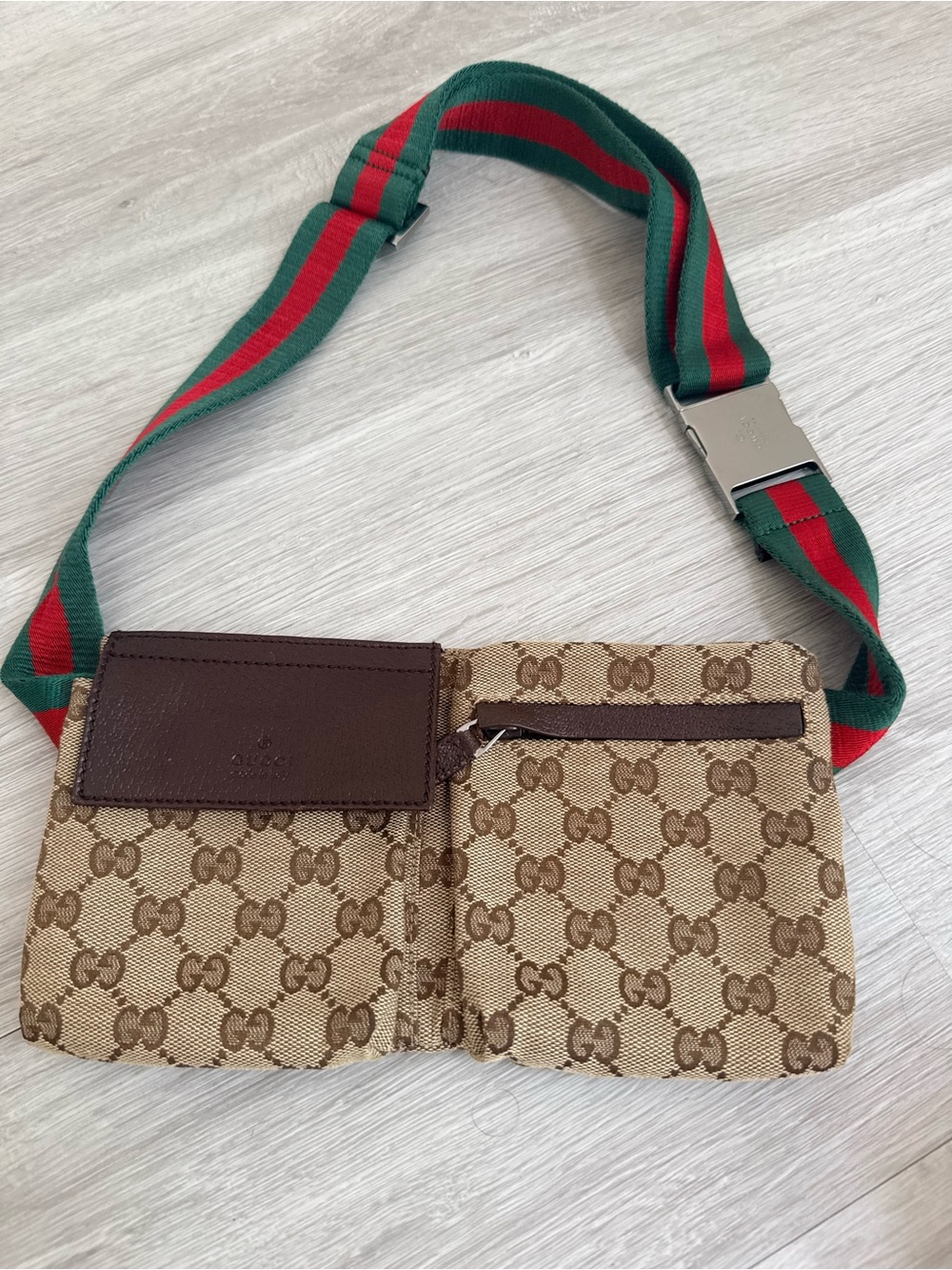 Gucci Beige/Brown GG Canvas Belt Bag with Green and Red Web Strap